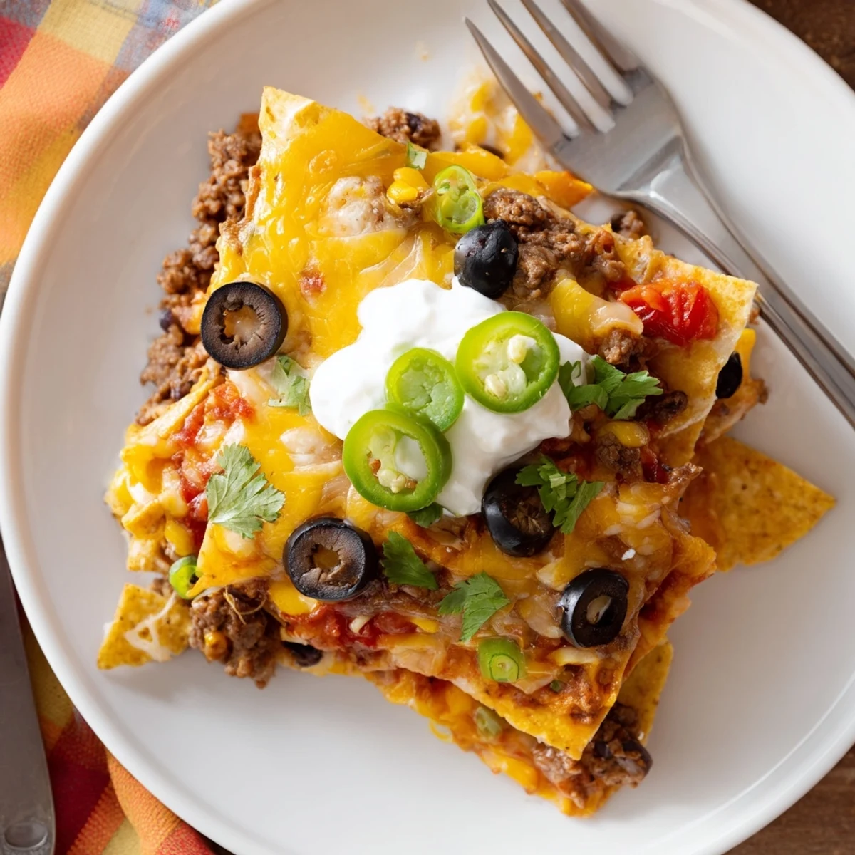Family-style Cheesy Nacho Casserole served with sour cream, guacamole, and scallions.