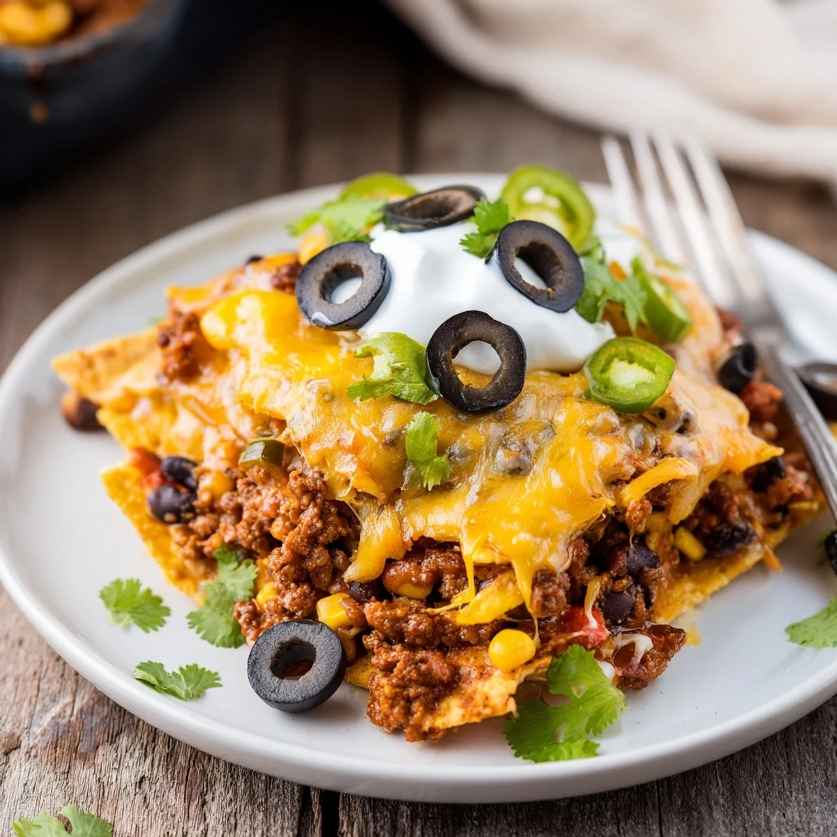 Warm Cheesy Nacho Casserole layered with seasoned beef, black beans, sliced jalapeños.