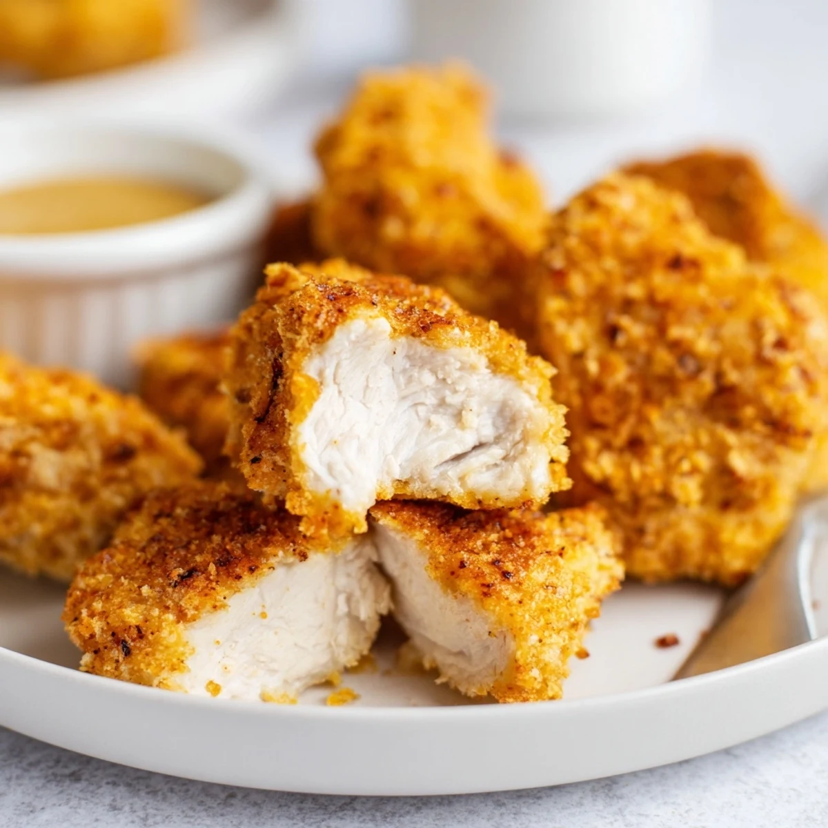 Crispy golden Chicken Bites steaming on a plate with ranch dipping sauce