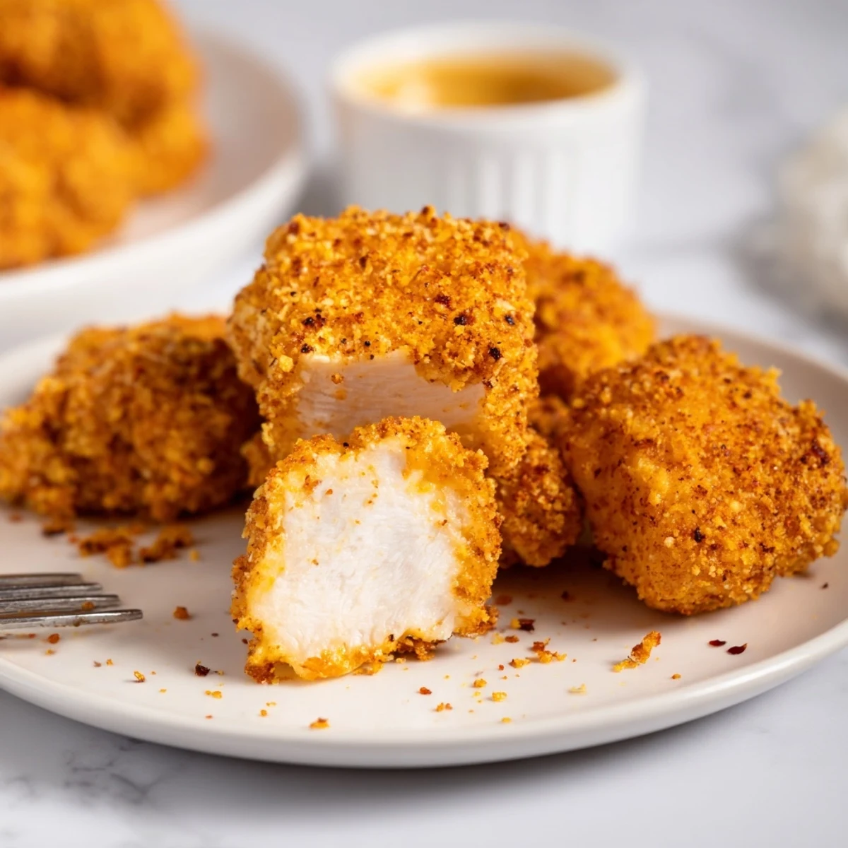 Juicy breaded Chicken Bites piled on a wooden board, sprinkled parsley