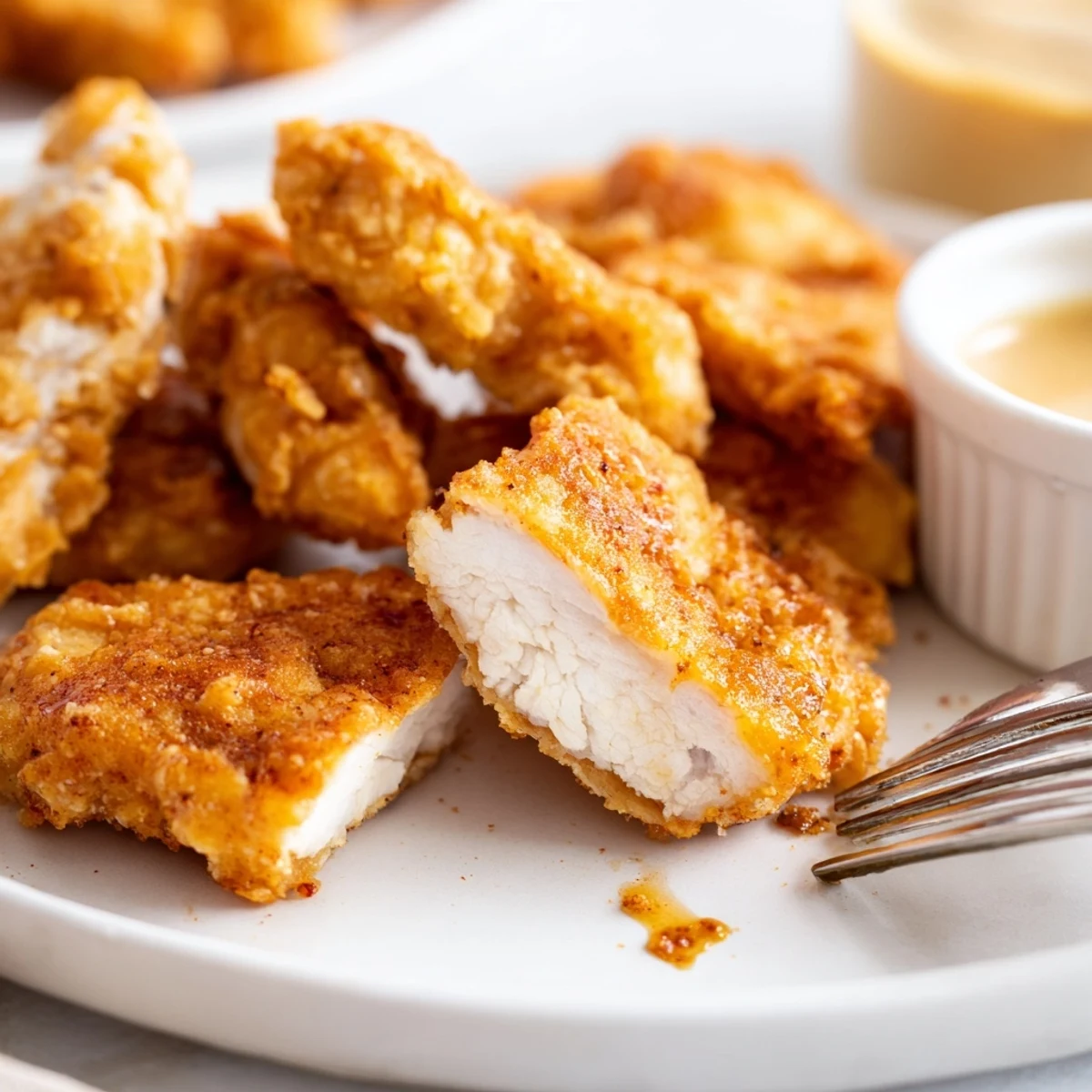 Buttermilk-marinated Chicken Bites frying to a crunchy crust, served hot