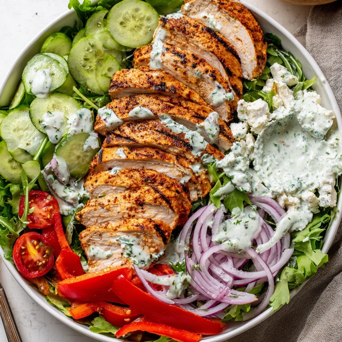 Grilled Chicken Salad Avocado Herb Dressing Recipe showing juicy sliced chicken over vibrant greens