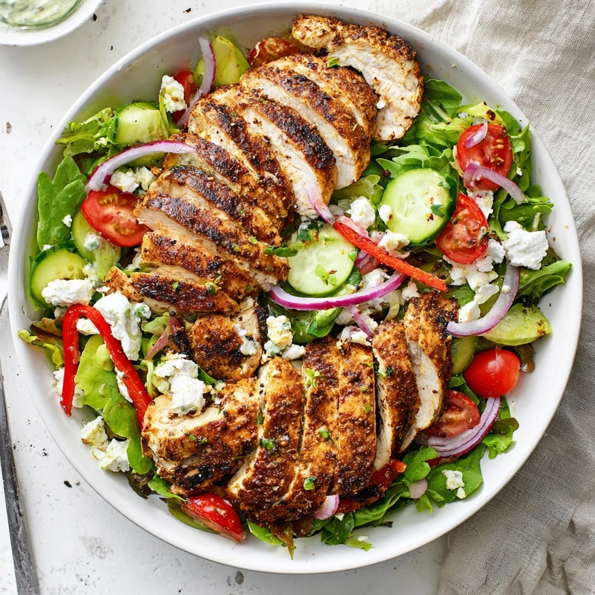 Plated Grilled Chicken Salad Avocado Herb Dressing Recipe, creamy drizzle atop crisp vegetables