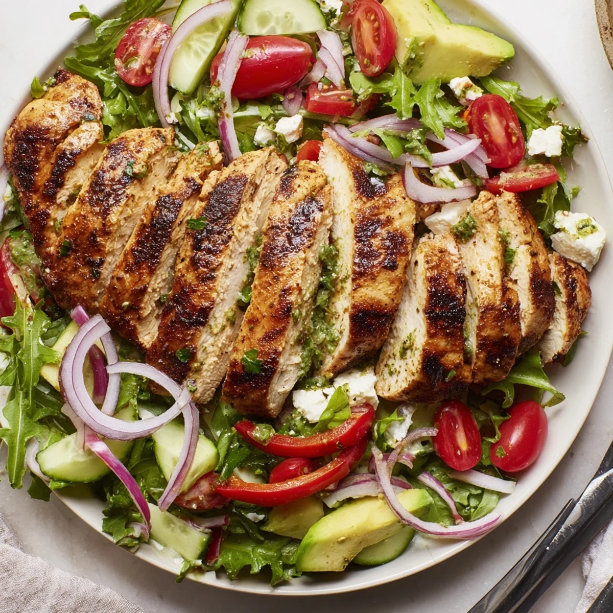Grilled Chicken Salad Avocado Herb Dressing Recipe with creamy lime dressing and sliced chicken