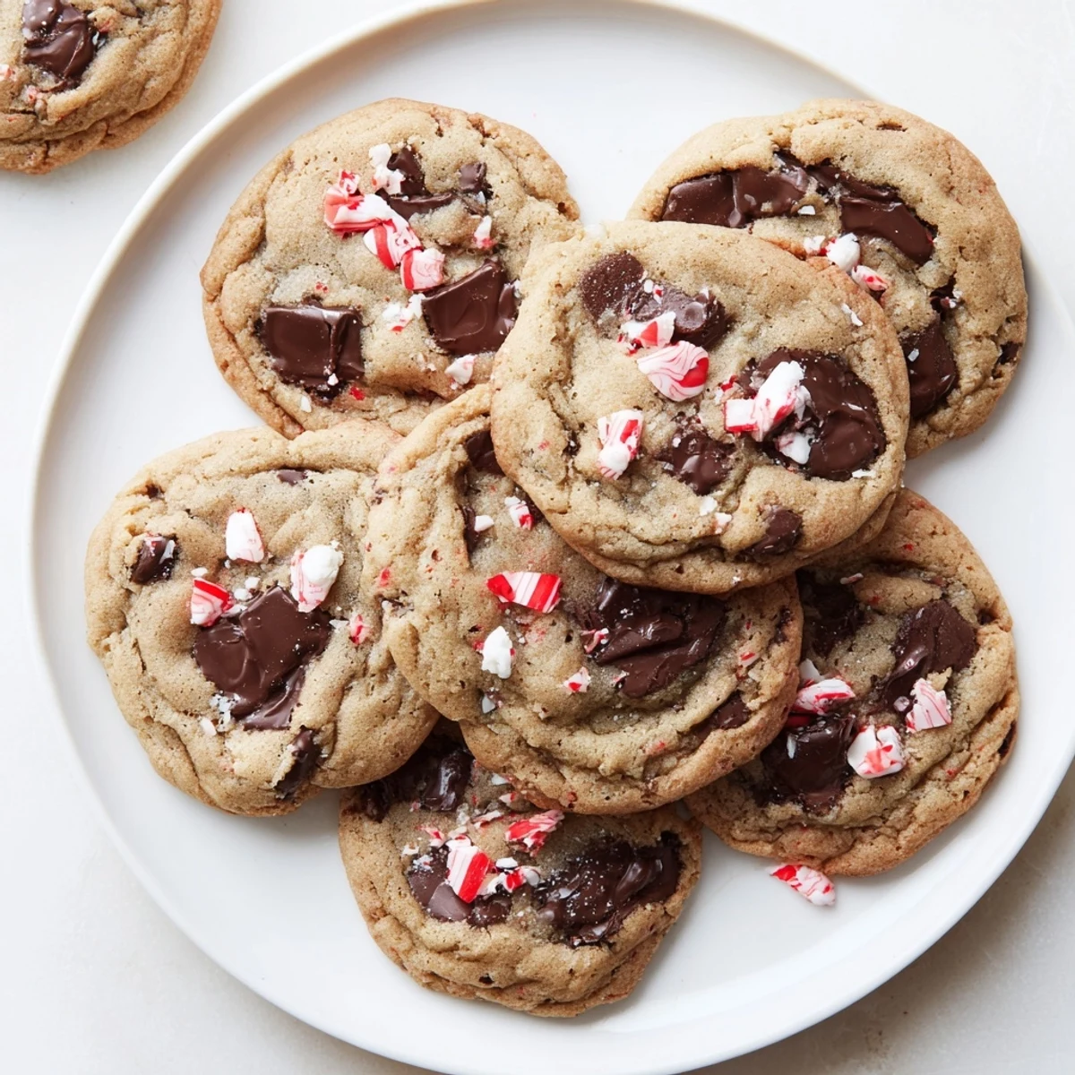 Warm Peppermint Chocolate Chip Cookies cooling on a rack, melty chocolate.