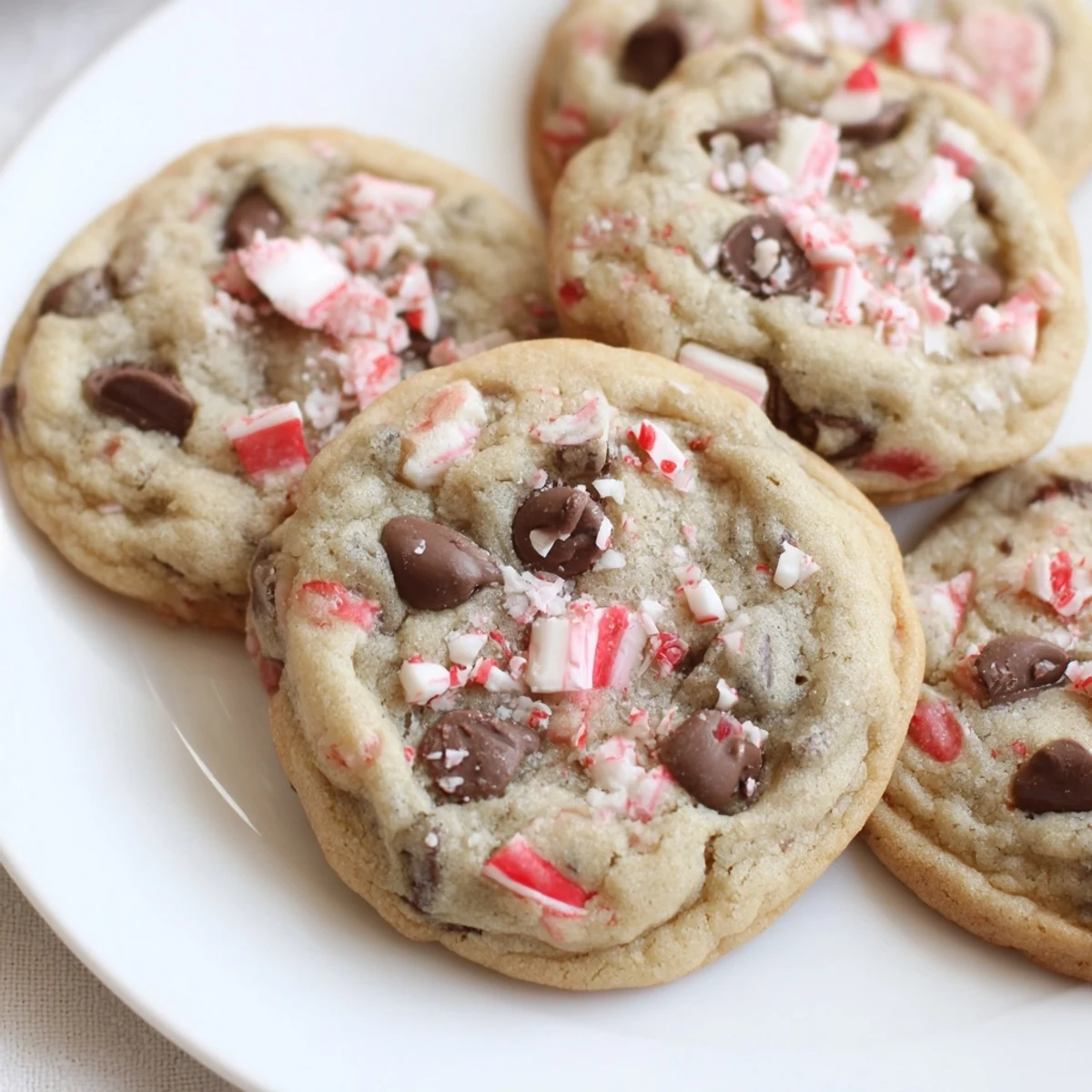 Close-up of Peppermint Chocolate Chip Cookies snow-dusted with crushed candy canes.
