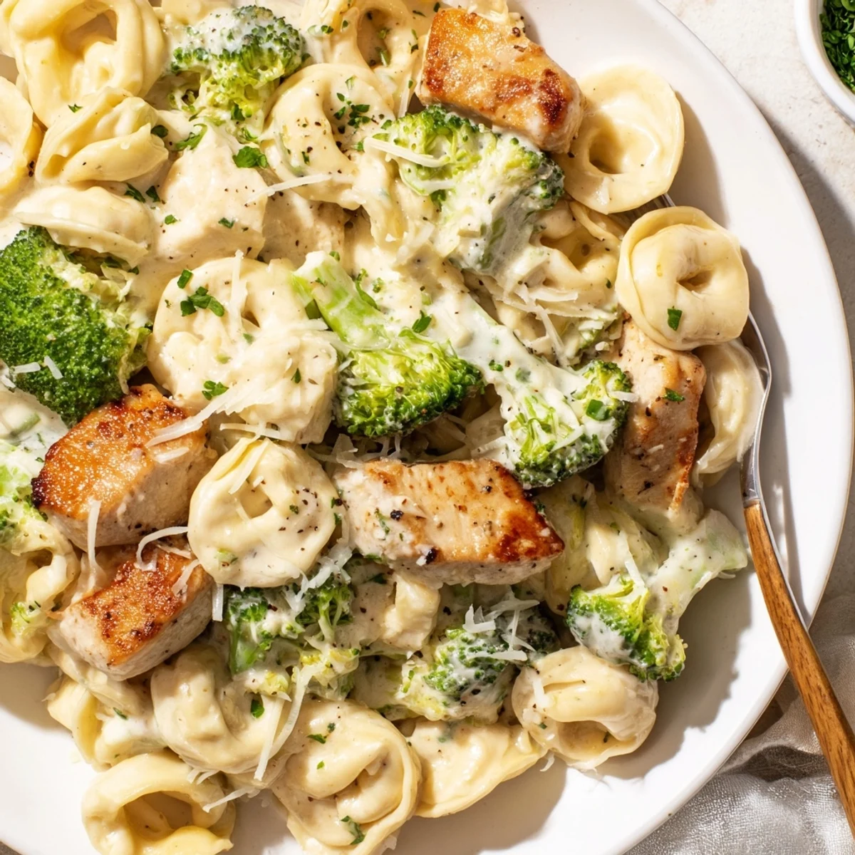 Forkful of cheesy goodness from Creamy Garlic Parmesan Tortellini Chicken Broccoli Recipe, steaming