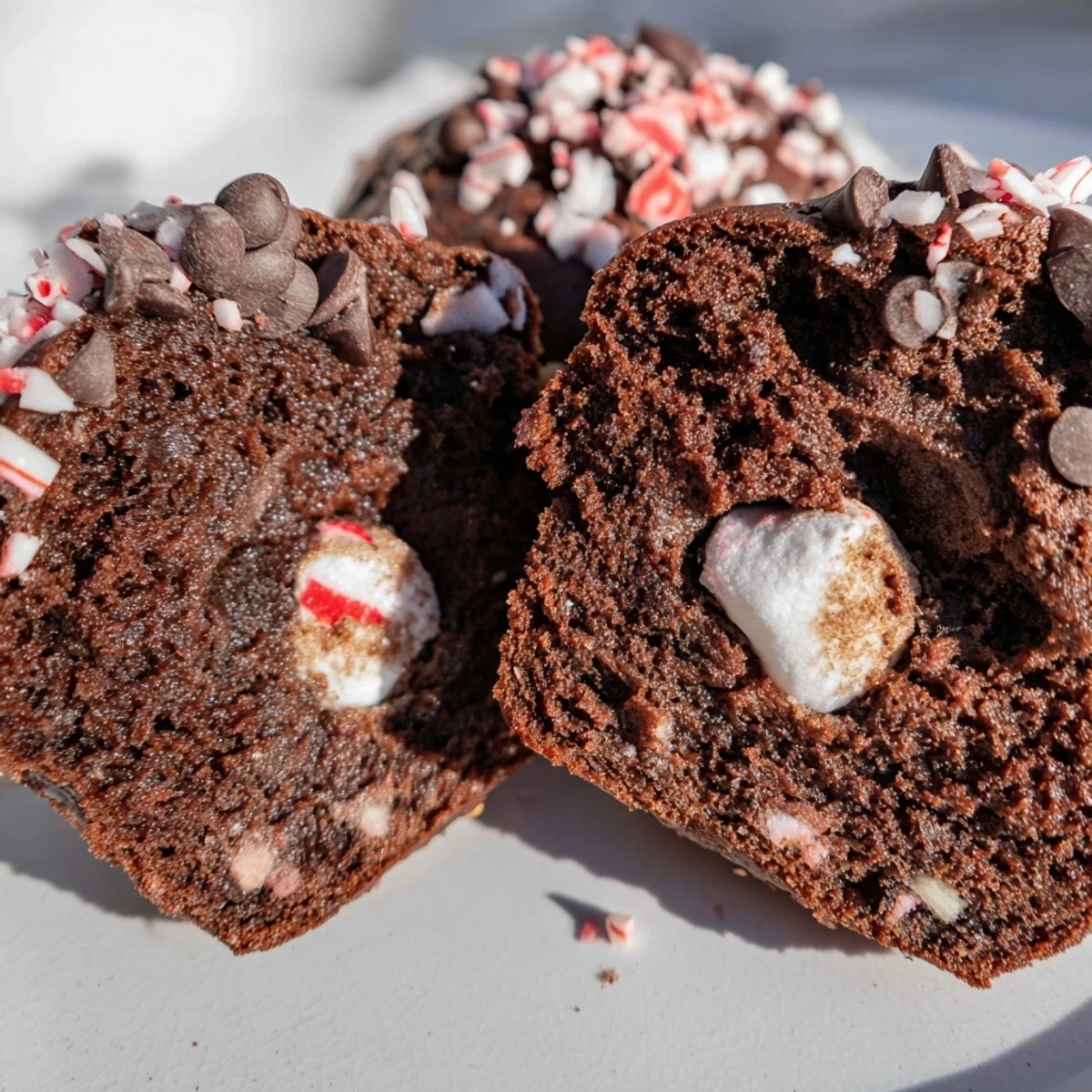 Peppermint Hot Chocolate Muffins cooling on a rack, glossy chips and crushed candy