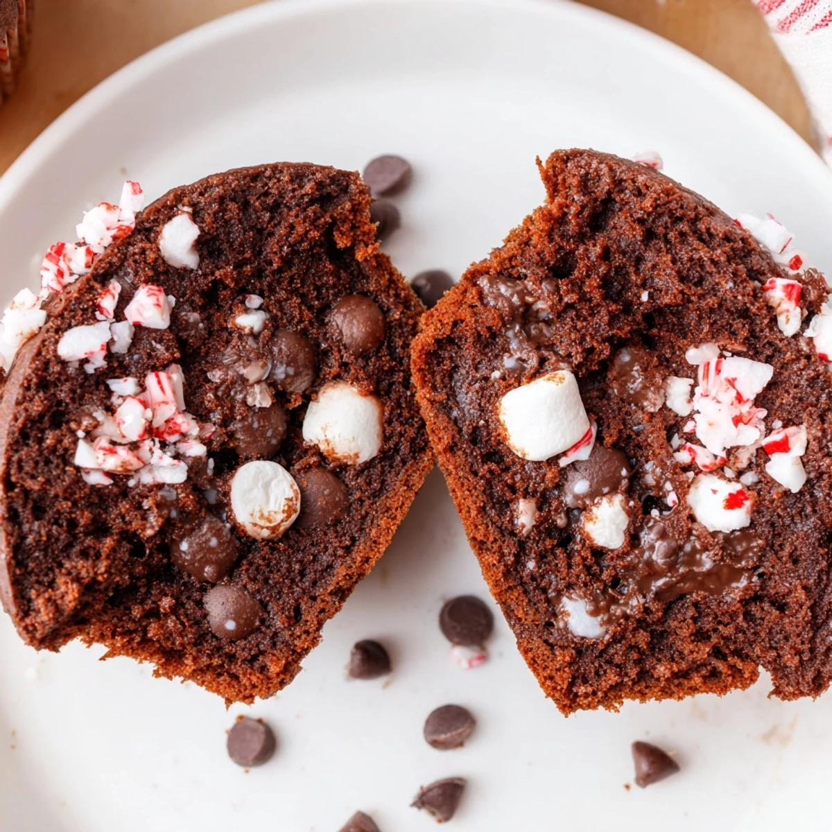 Warm Peppermint Hot Chocolate Muffins with melted chocolate chunks and minty aroma