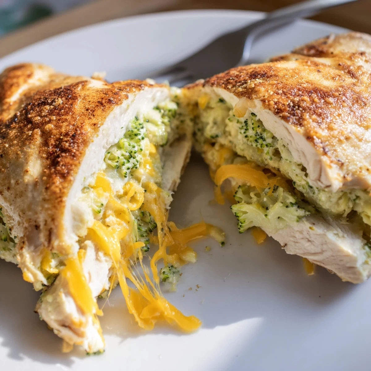 Sliced Broccoli Cheese Stuffed Chicken Breast revealing creamy broccoli-cheddar filling, steaming.