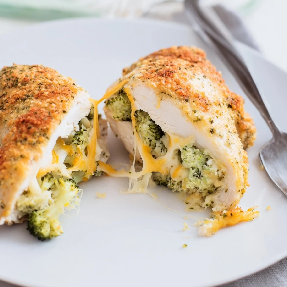 Oven-baked Broccoli Cheese Stuffed Chicken Breast served beside crisp green salad.