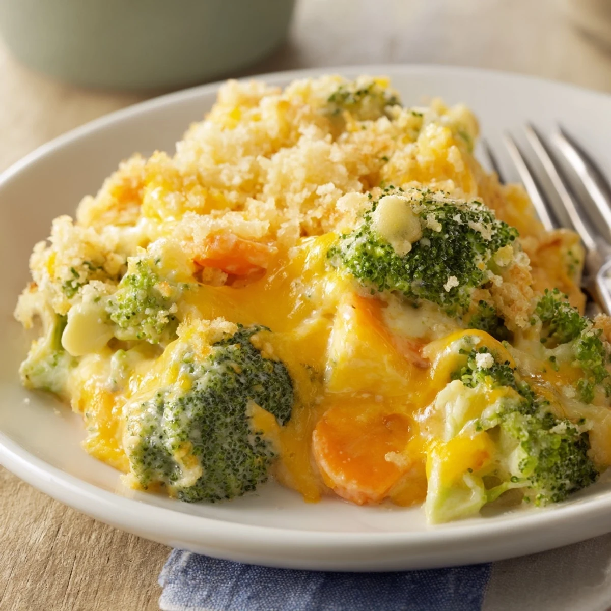 Cheese Bake Broccoli Carrots bubbling with golden crust, tender veggies, ready to serve