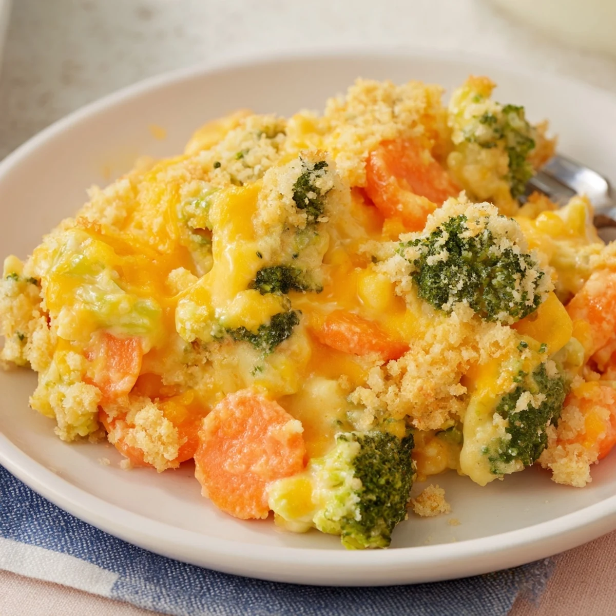 Family-style Cheese Bake Broccoli Carrots nestled in baking dish, steaming, cheesy aroma