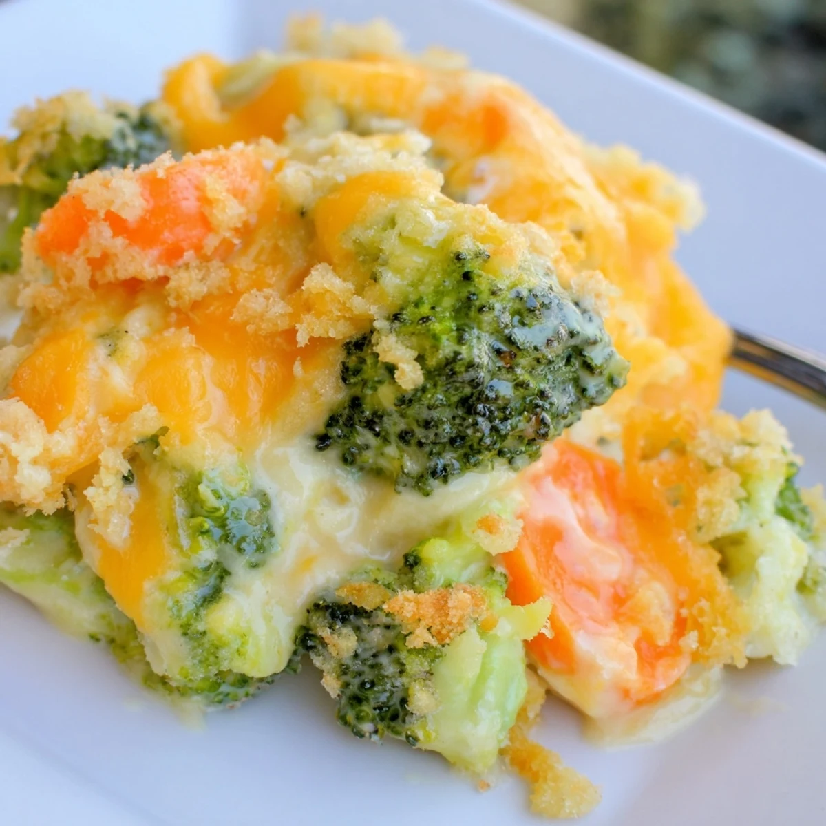 Oven-warm Cheese Bake Broccoli Carrots with crunchy panko topping and creamy cheddar