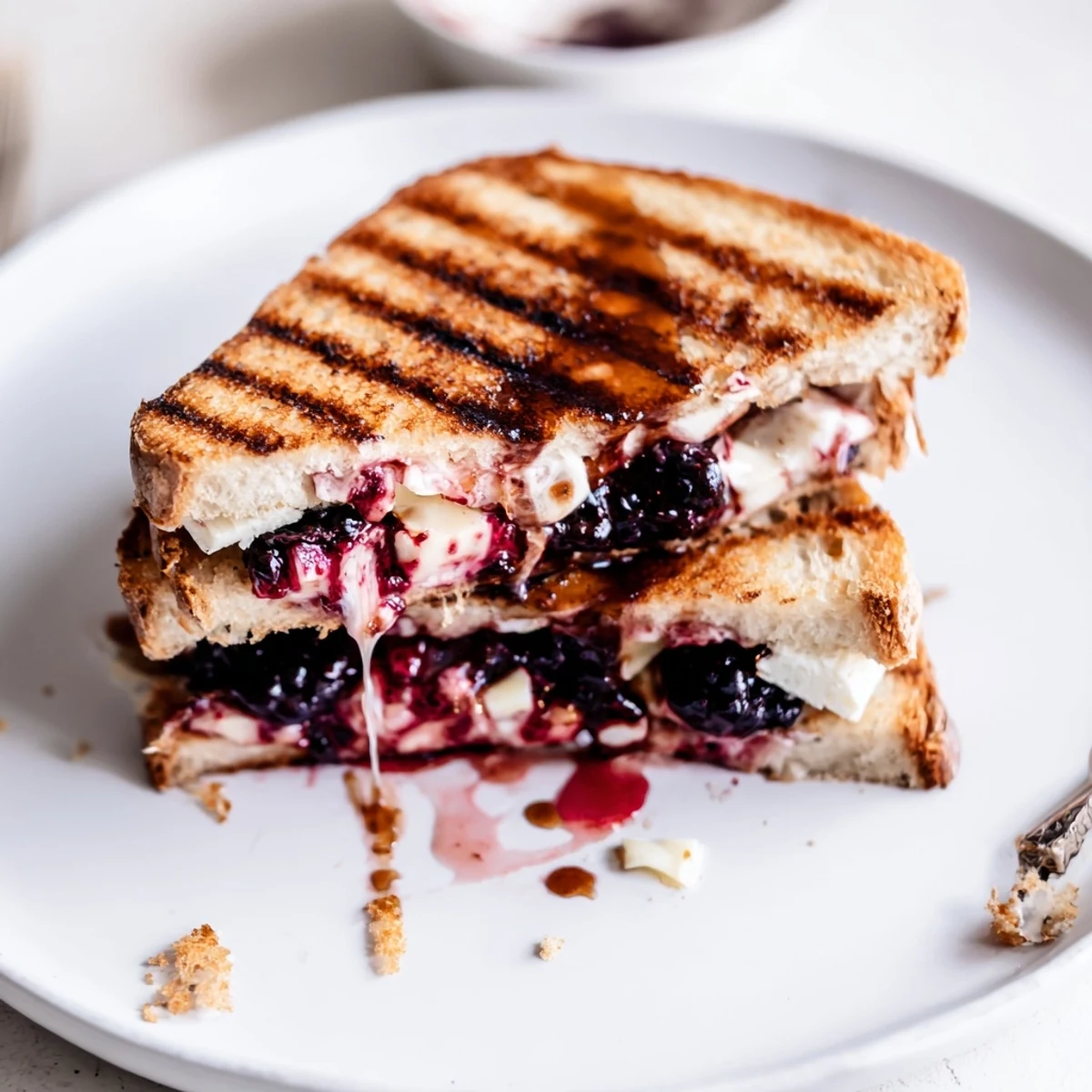 Balsamic Blackberry Bliss Grilled Cheese with gooey brie, golden crust, warm.