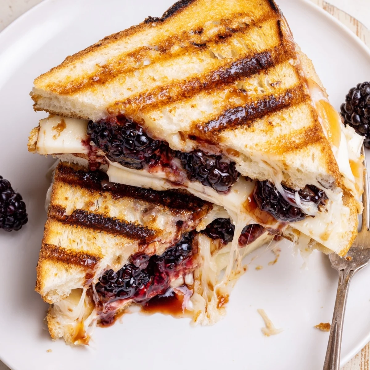Sourdough Balsamic Blackberry Bliss Grilled Cheese sliced, melted cheddar and brie.