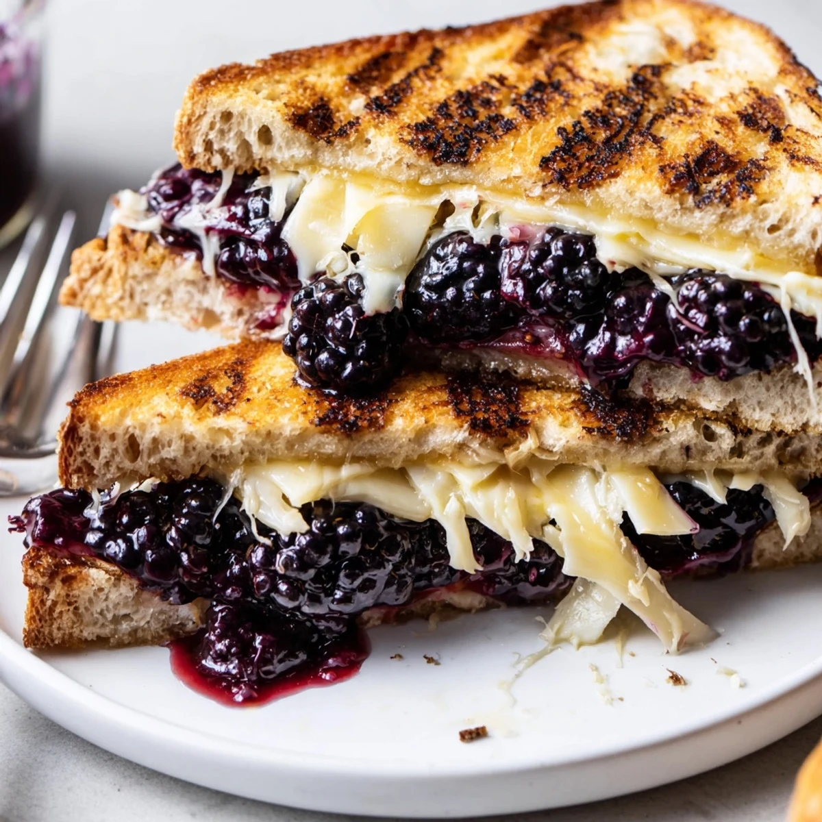 Warm Balsamic Blackberry Bliss Grilled Cheese, blackberry juices and sweet glaze.