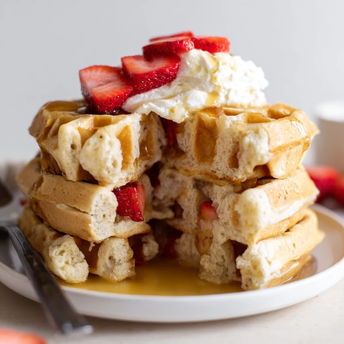 Strawberry Waffles Recipe with golden crisp edges, fresh berries and syrup