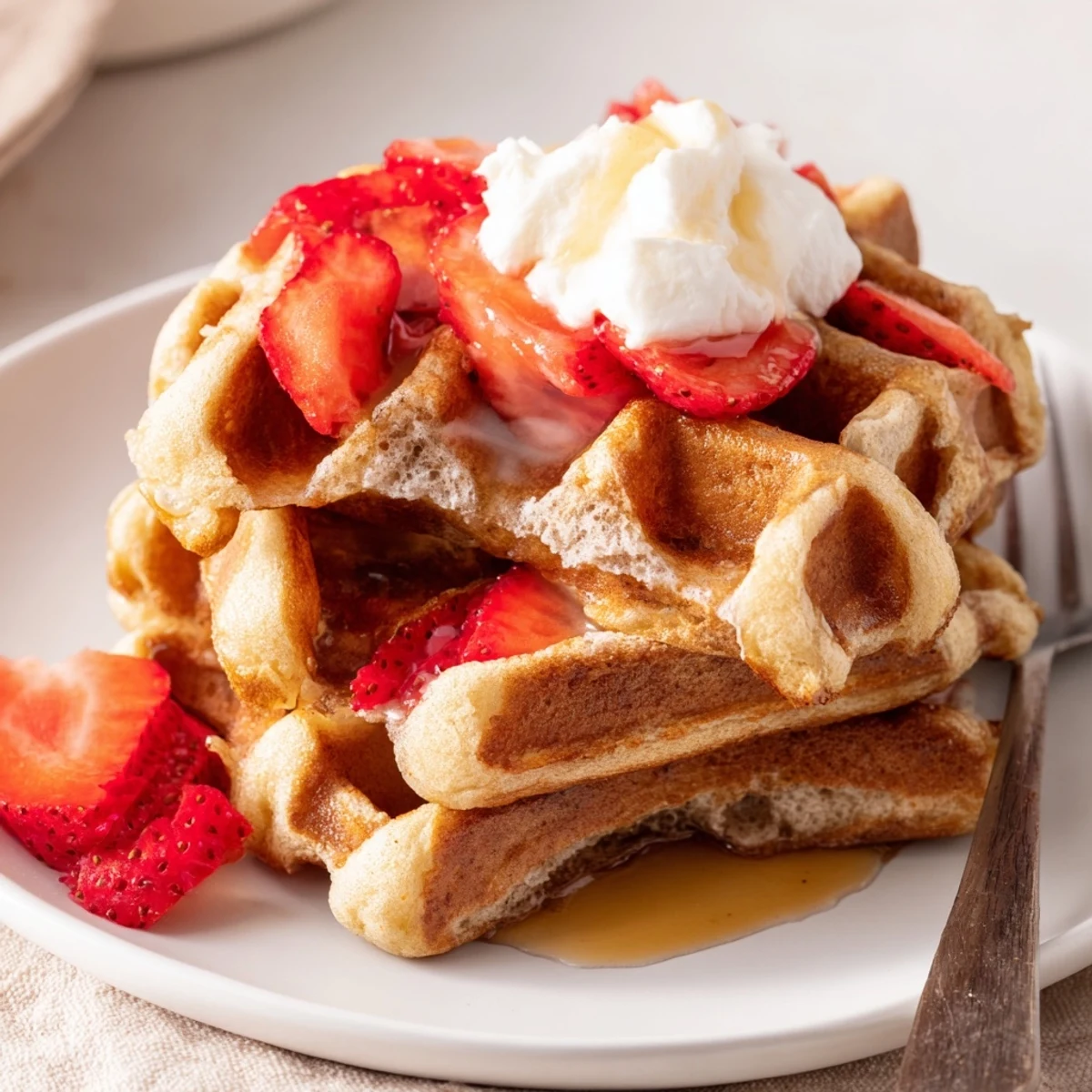 Warm Strawberry Waffles Recipe stacked with whipped cream, maple syrup drizzle