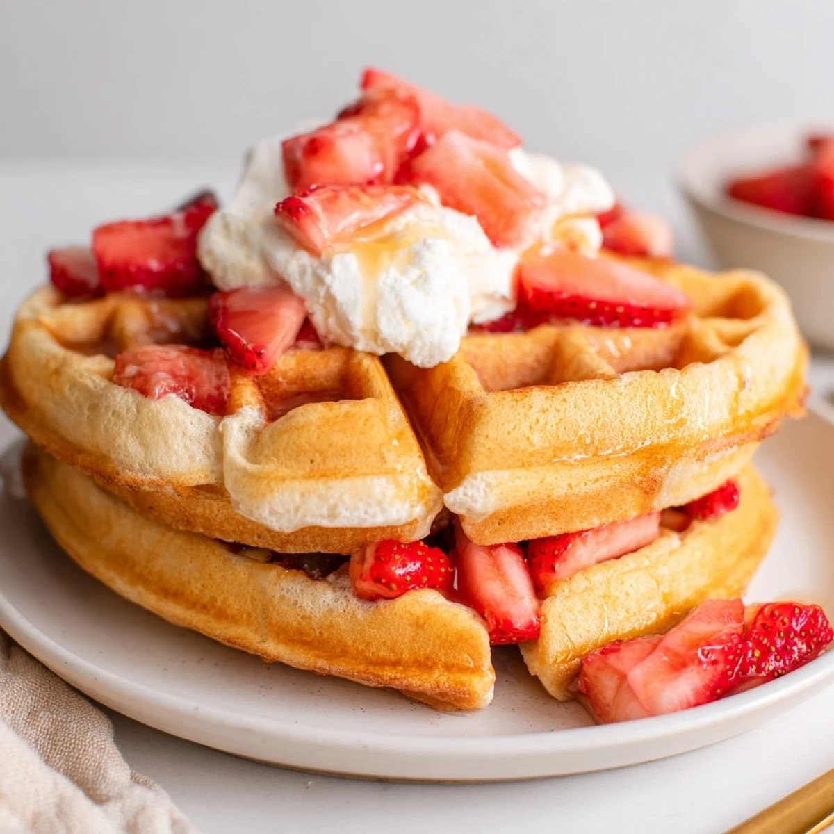 Light Strawberry Waffles Recipe studded with diced berries, served on brunch plate