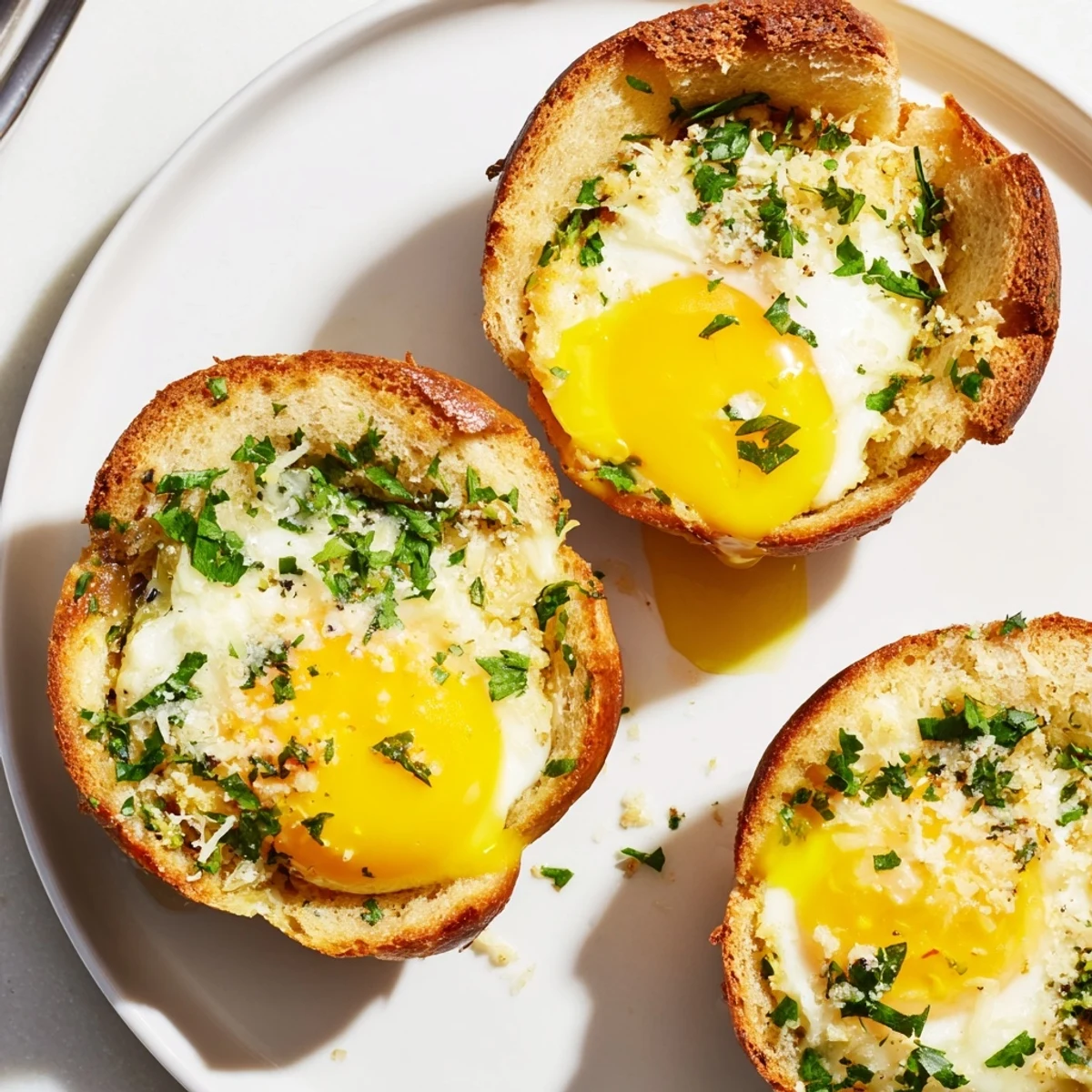 Lazy Garlic Bread Egg Cups with golden baked eggs, parsley garnish steaming  