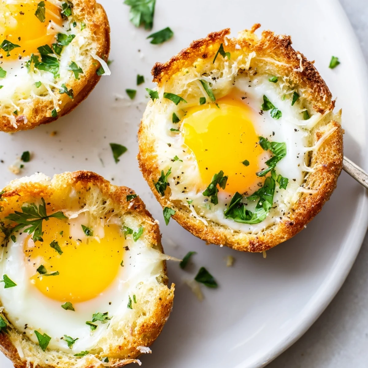 Plate of Lazy Garlic Bread Egg Cups served with fresh fruit, fork