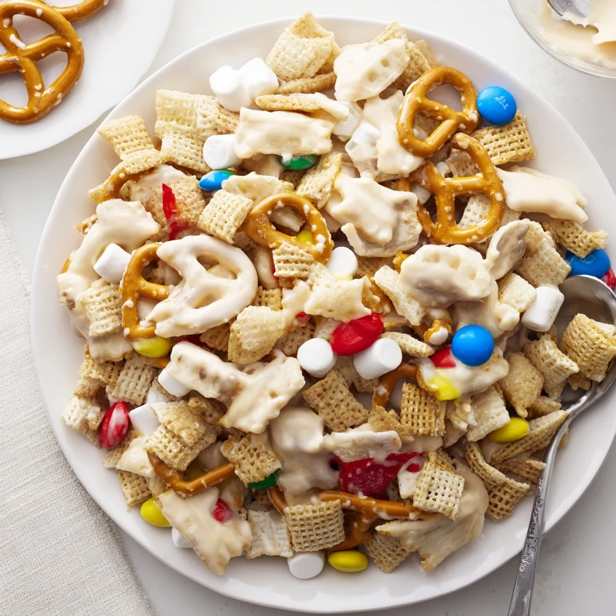 White Trash Snack Mix piled on parchment, glossy white chocolate coating, colorful candies