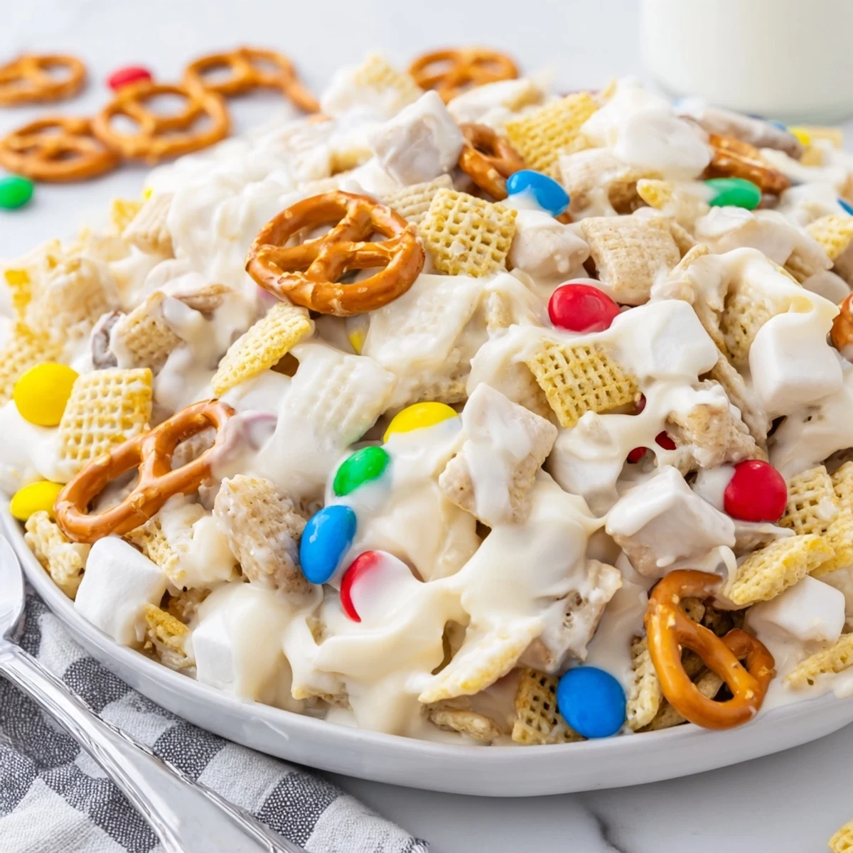 Bowl of White Trash Snack Mix with crunchy pretzels, sweet marshmallows