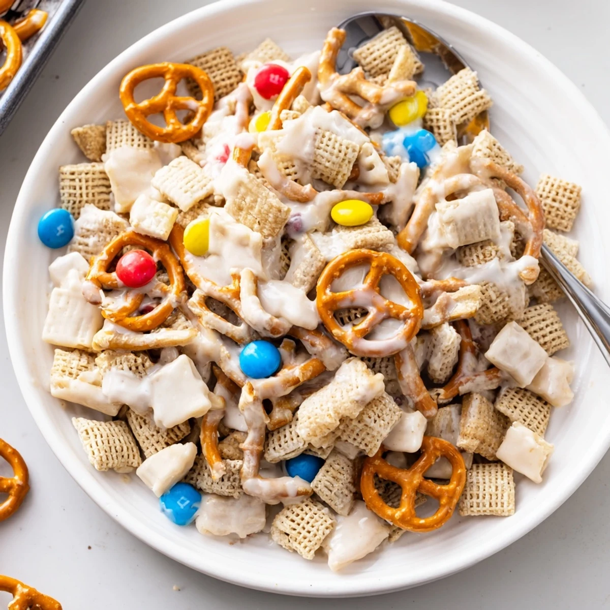 Jar of White Trash Snack Mix ready for gifting, crunchy, sweet, buttery bites