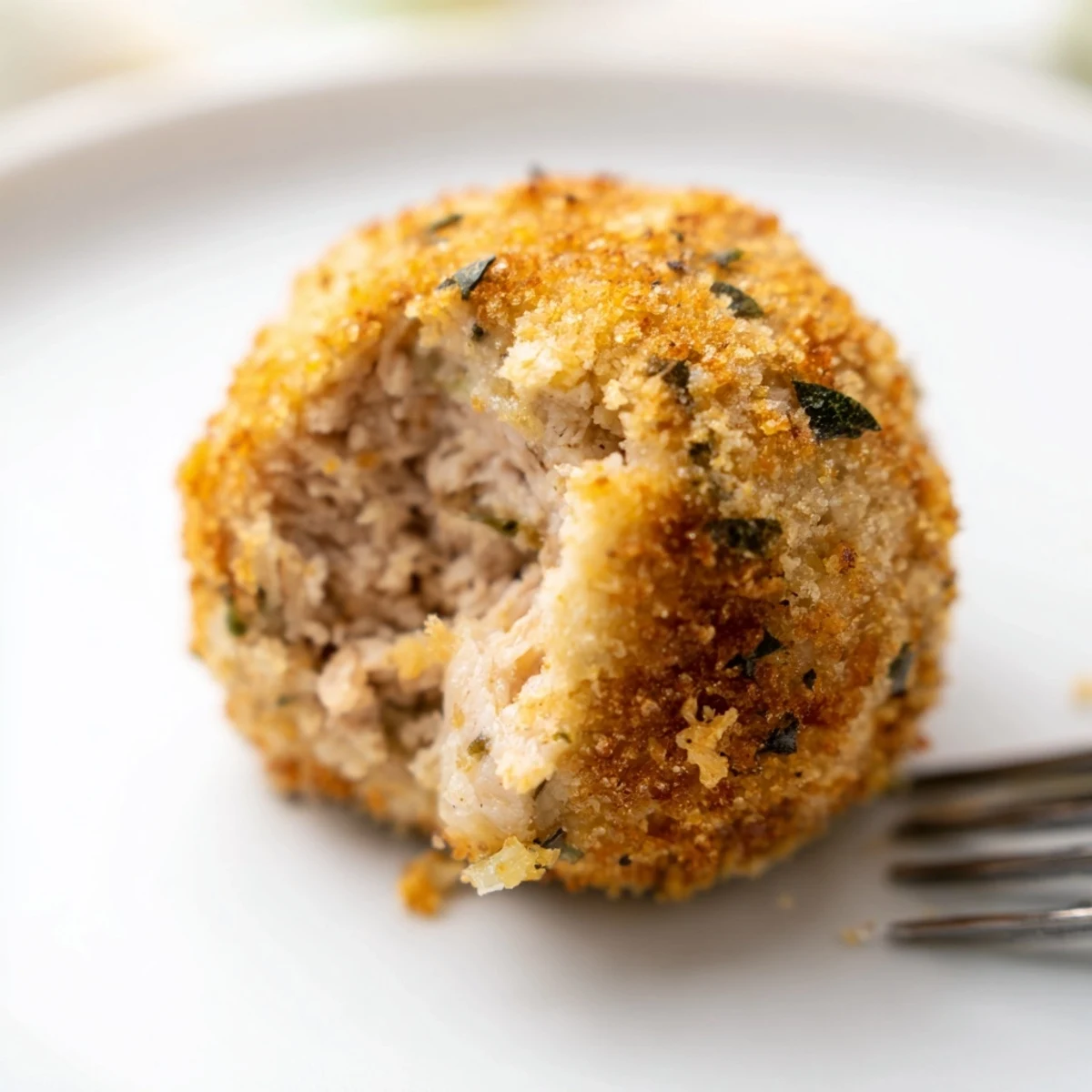 Warm Sage Onion Chicken Balls served with honey-mustard dip, crispy edges