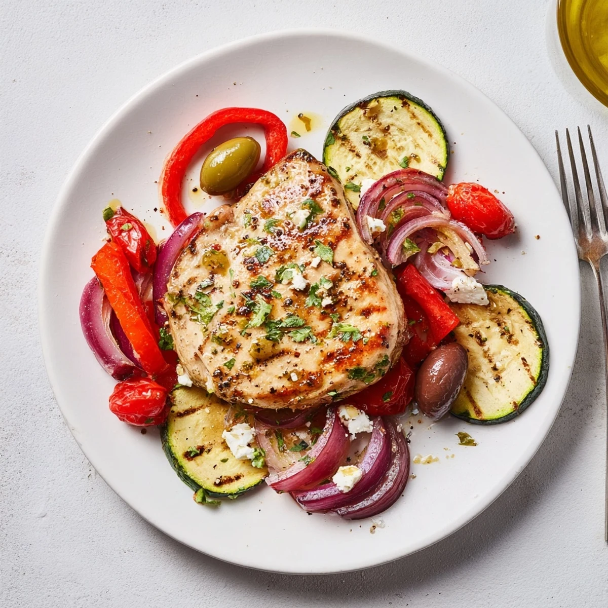 Sheet Pan Mediterranean Chicken Zucchini glistening with roasted tomatoes, olives, and crumbled feta.