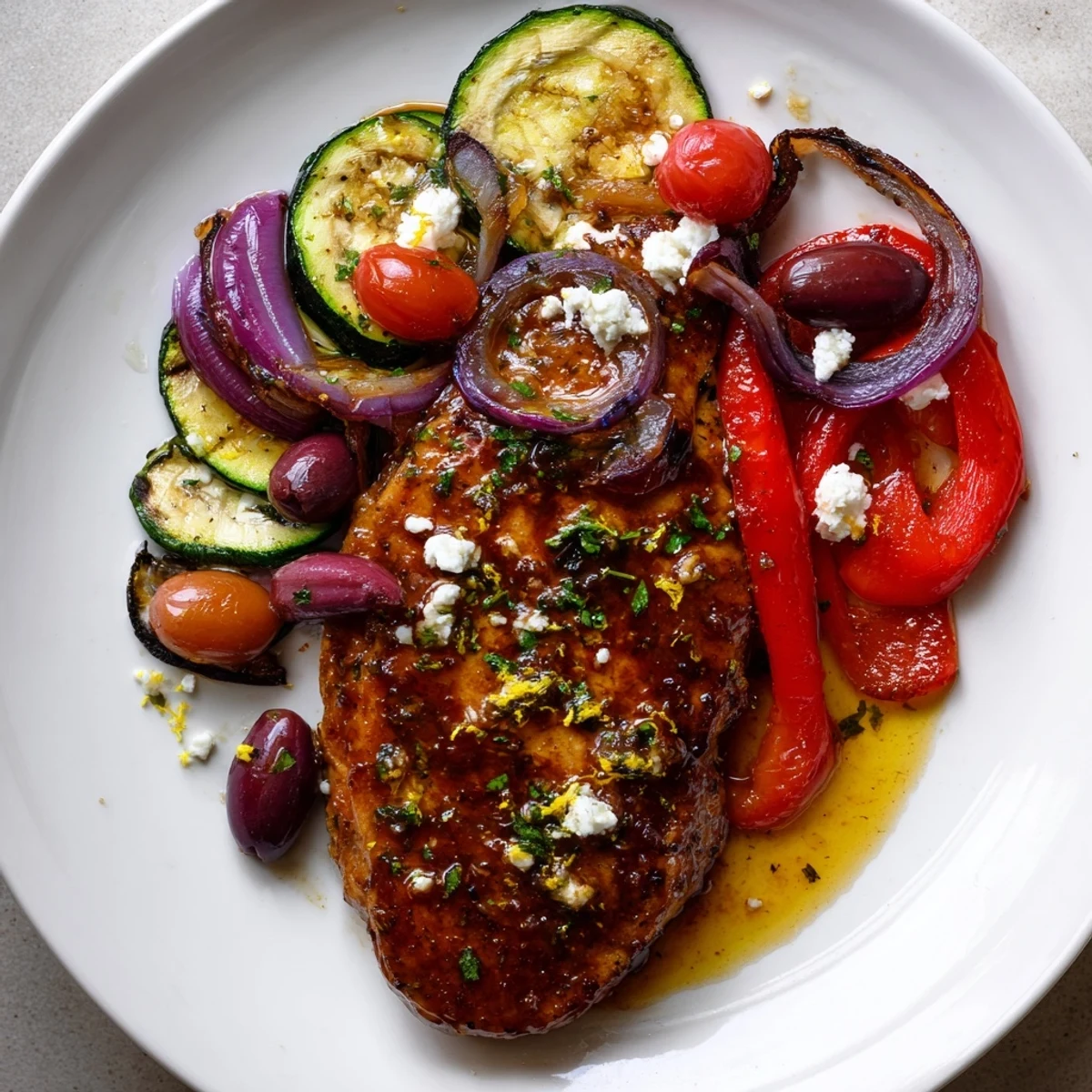 Serve Sheet Pan Mediterranean Chicken Zucchini hot from oven with lemony pan juices.