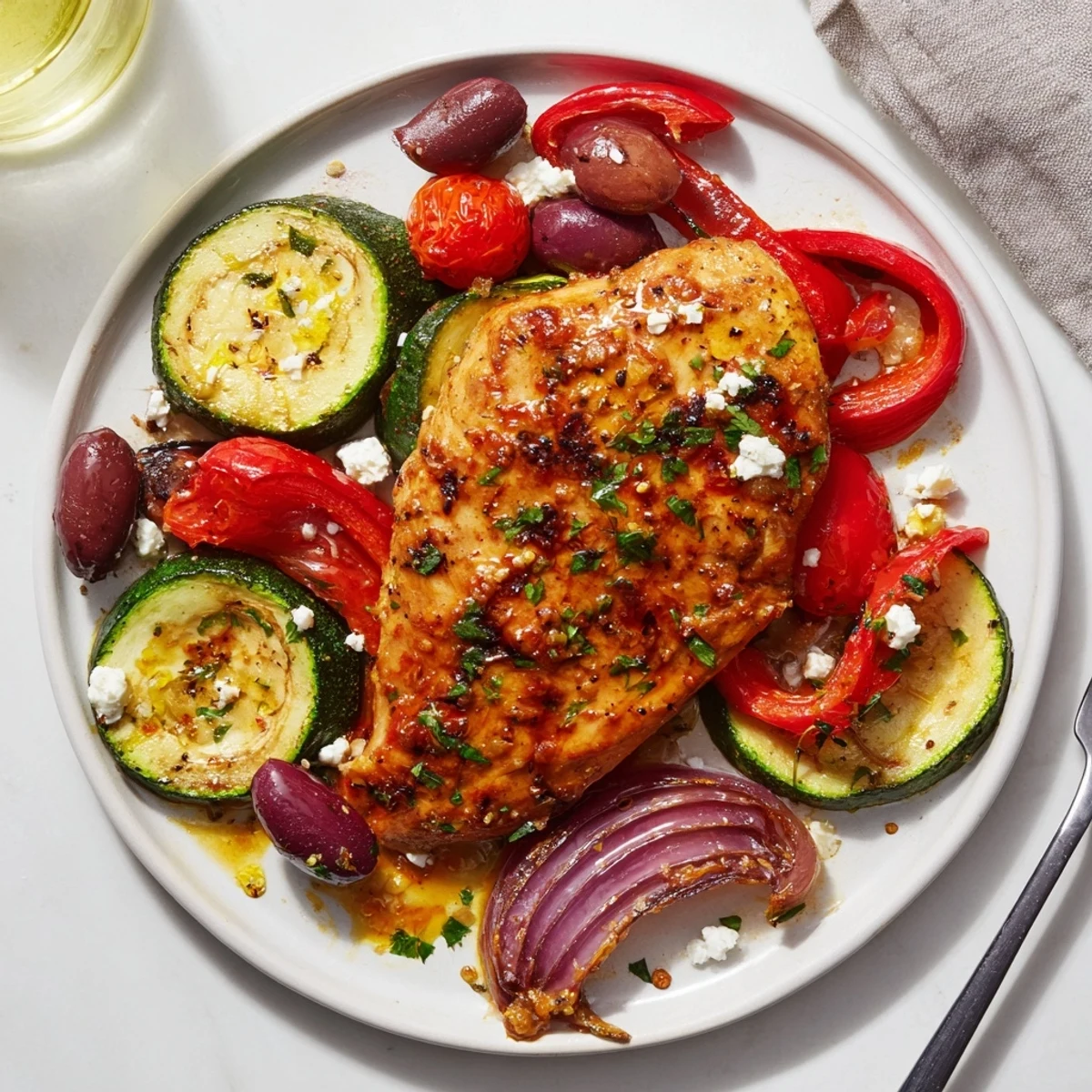 Tender Sheet Pan Mediterranean Chicken Zucchini served with crisp bell peppers and parsley.