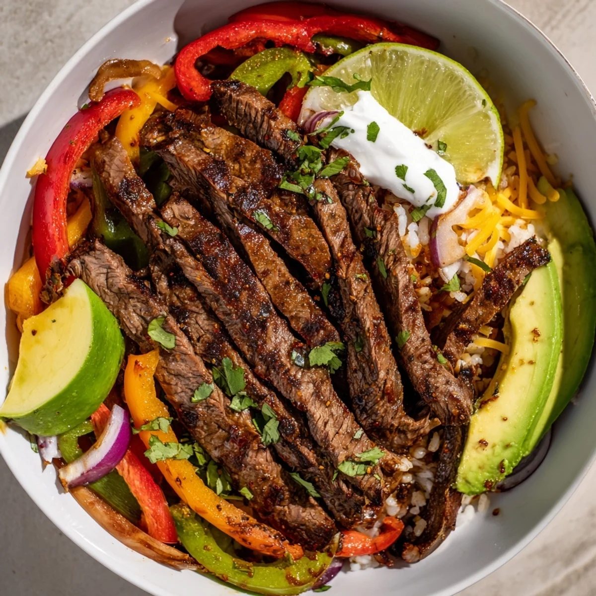 Sizzling marinated steak crowns Steak Fajita Power Bowls with colorful peppers