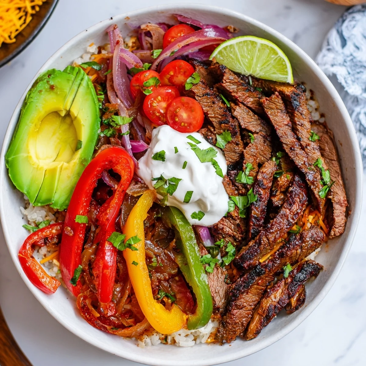 Steak Fajita Power Bowls served over warm brown rice with sliced avocado