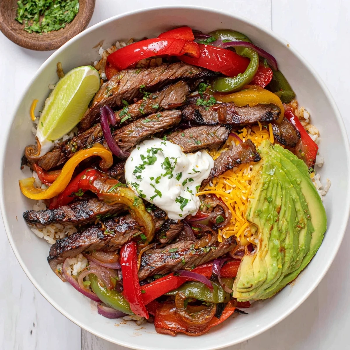 Bright Steak Fajita Power Bowls topped with black beans, lime, and cilantro