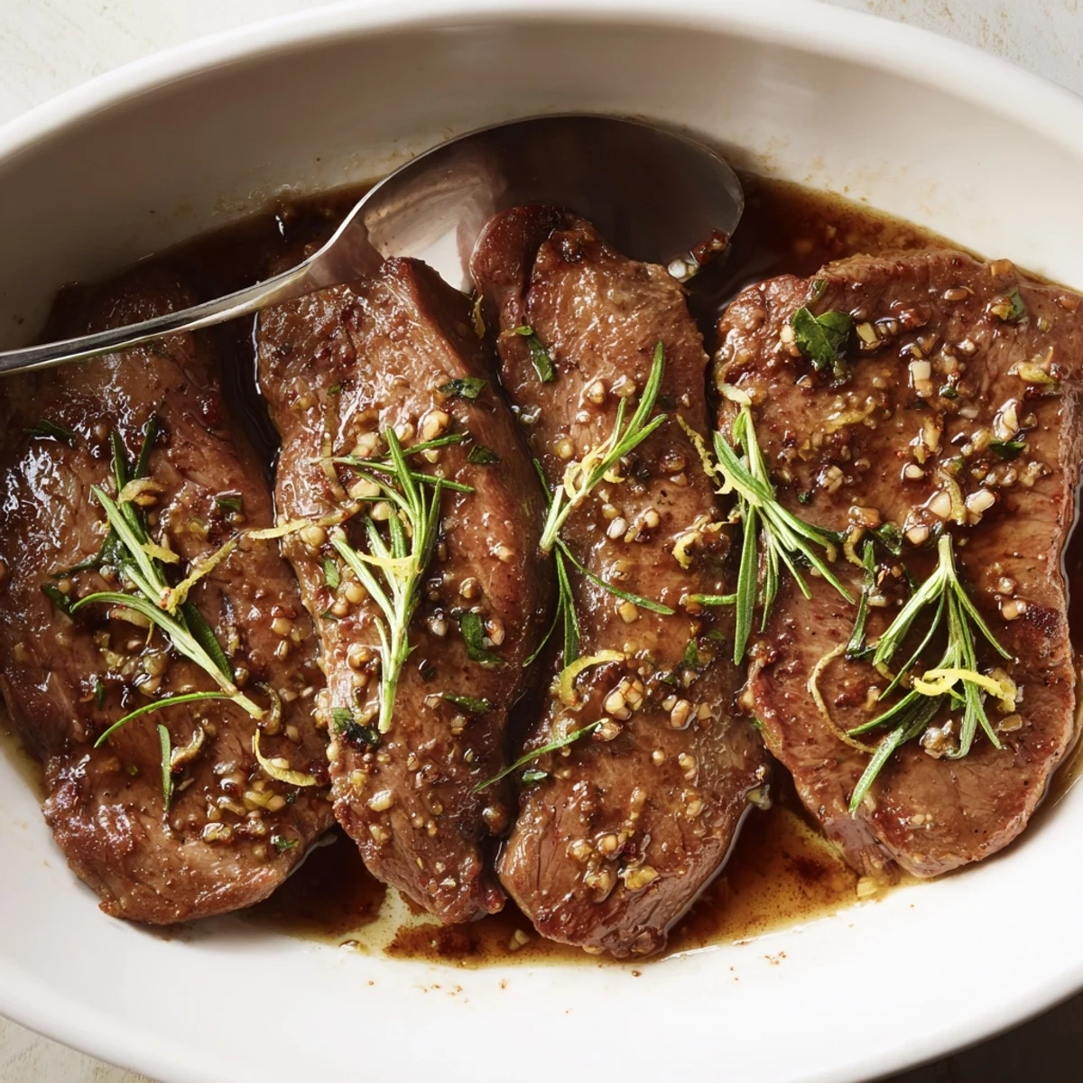 Steak Marinade glistening on raw sirloin, garlic aroma and lemon brightness  