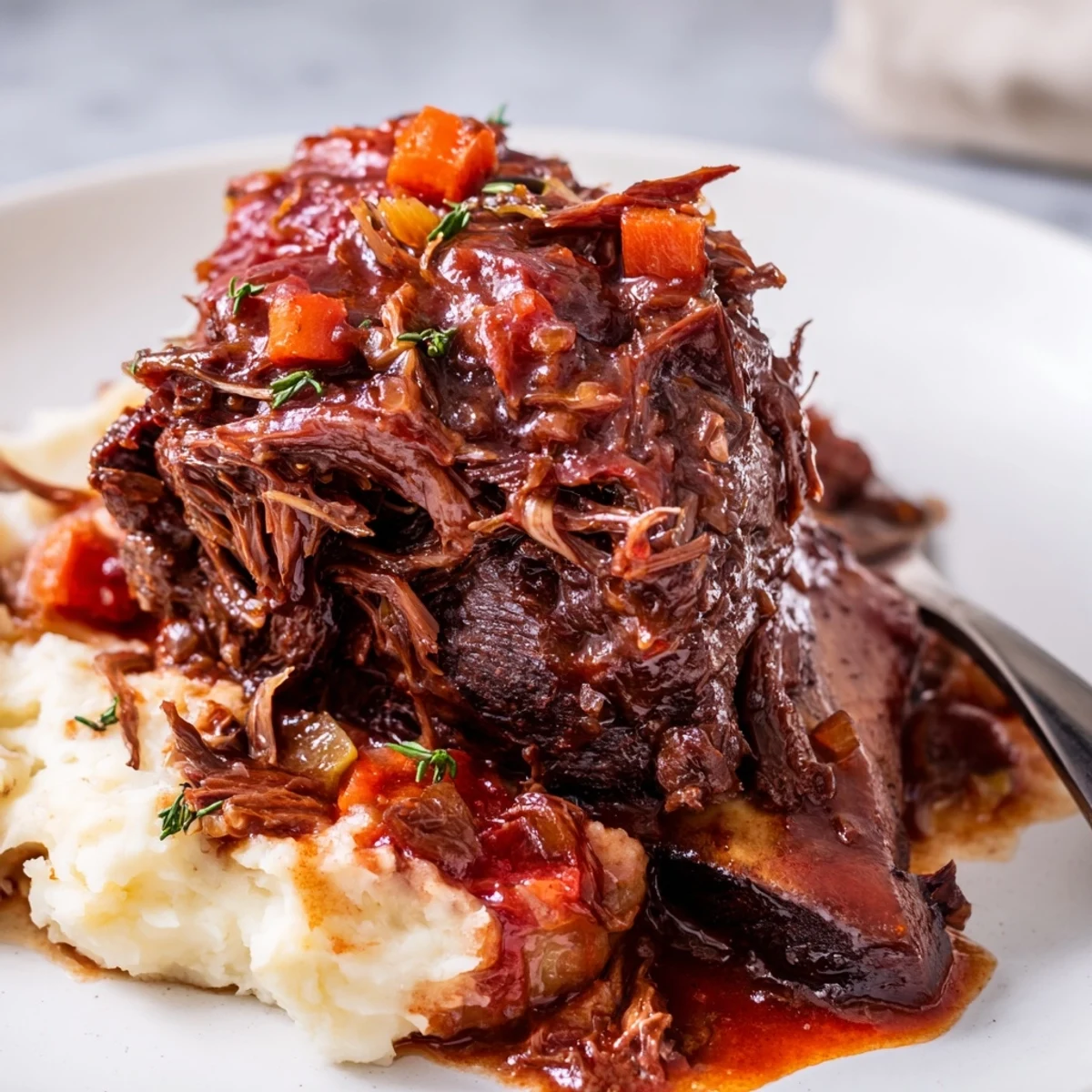 Slow Cooker Beef Short Ribs glazed in rich wine sauce, steaming over mashed potatoes