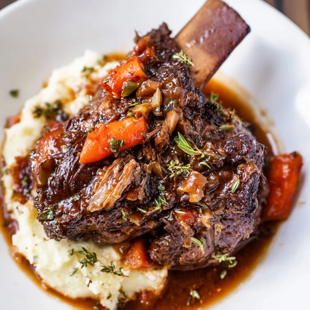 Slow Cooker Beef Short Ribs falling off the bone, aromatic herbs and carrots