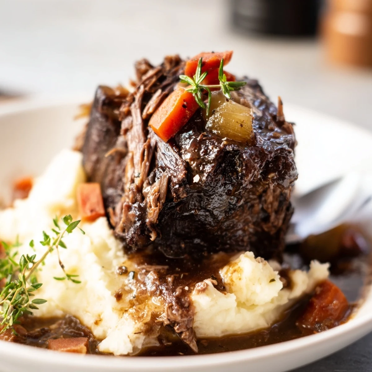 Slow Cooker Beef Short Ribs braised in red wine, silky gravy spooned over polenta