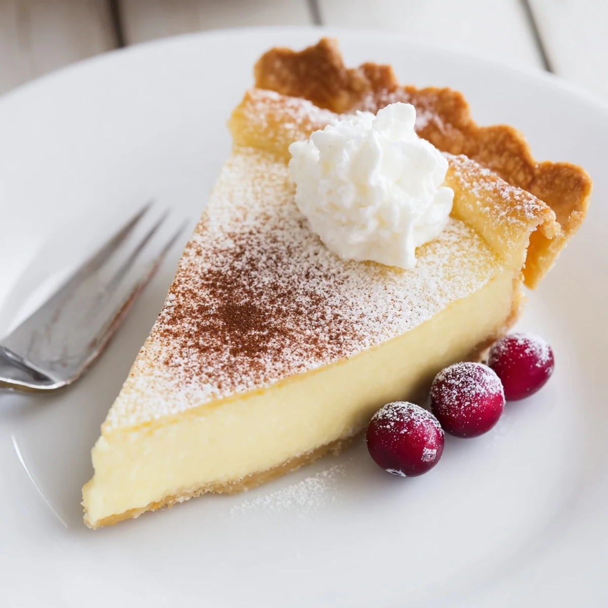Christmas Eve Custard Pie With Cinnamon Vanilla, velvety filling dusted with powdered sugar