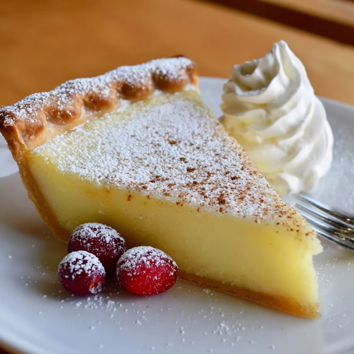 Christmas Eve Custard Pie With Cinnamon Vanilla topped with sugared cranberries and cream