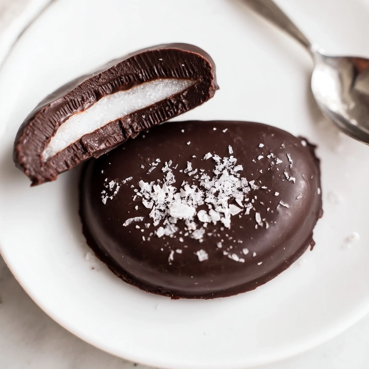 Peppermint Patties arranged on parchment, glossy dark chocolate and cool mint filling
