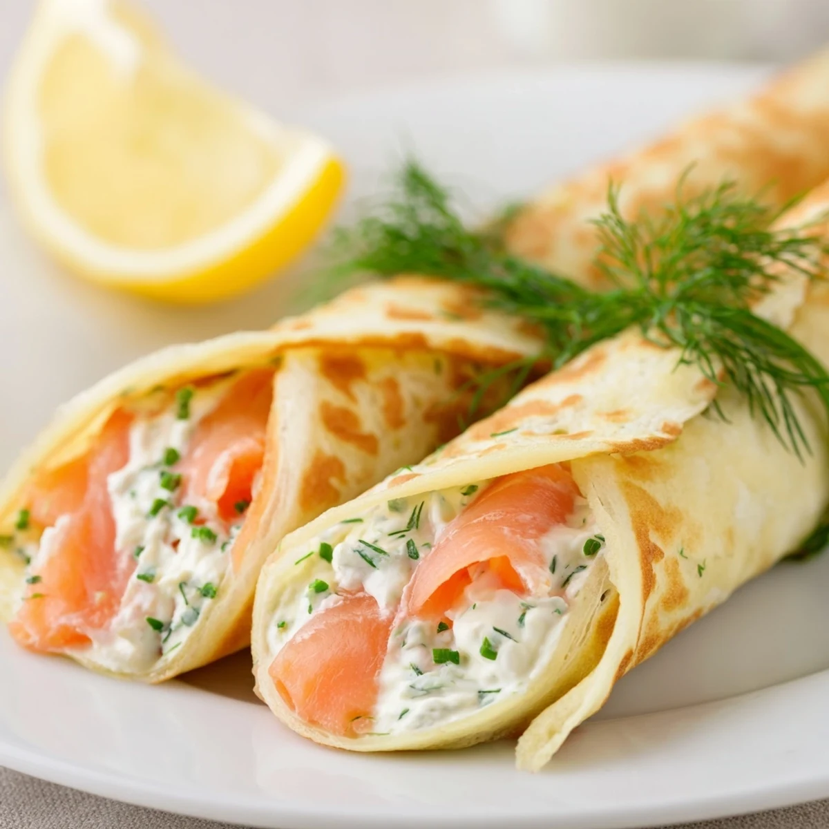 Elegant brunch plate featuring rolled crepes stuffed with smoked salmon and fresh dill cheese