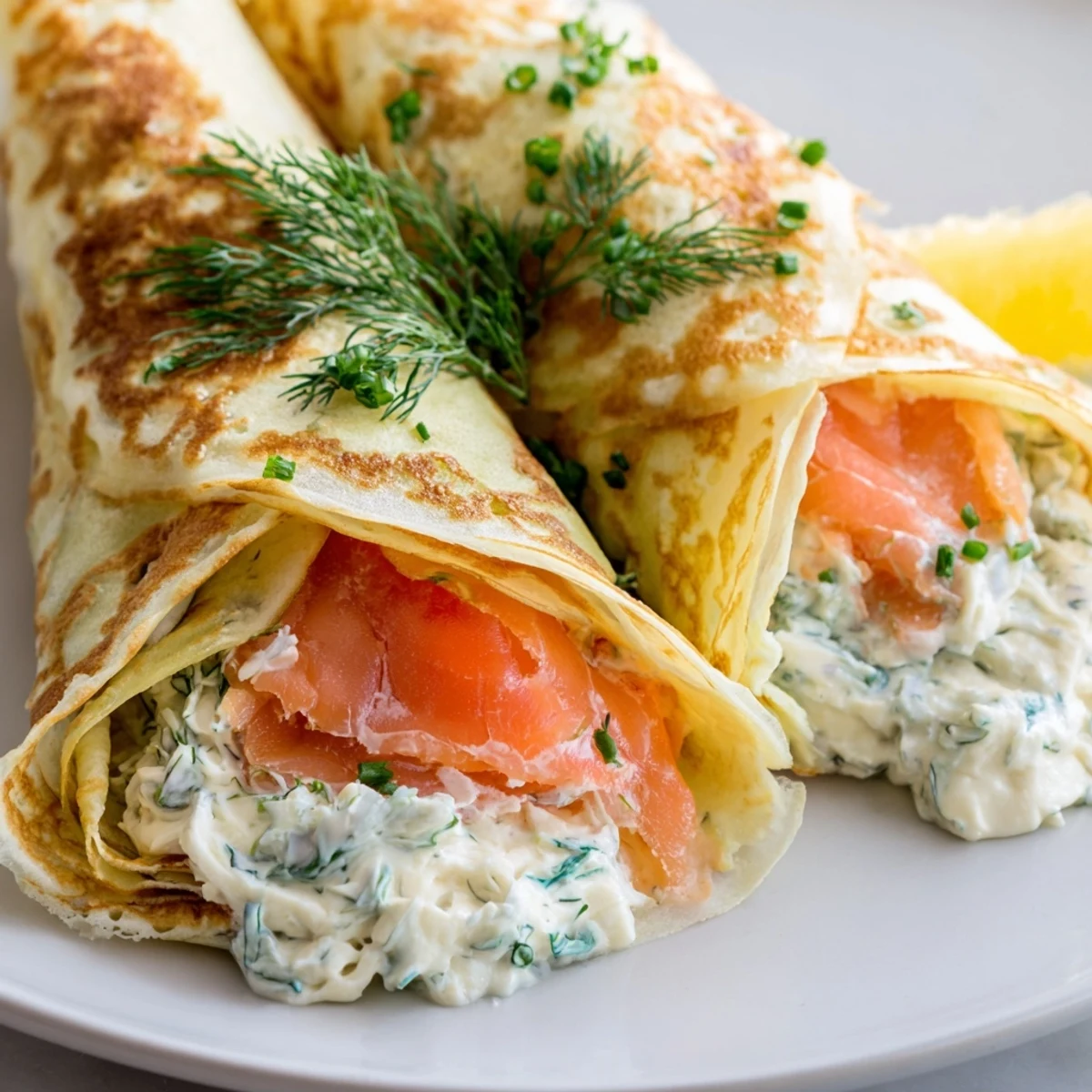 Thin French crepes wrapped around silky smoked salmon and tangy cream cheese filling