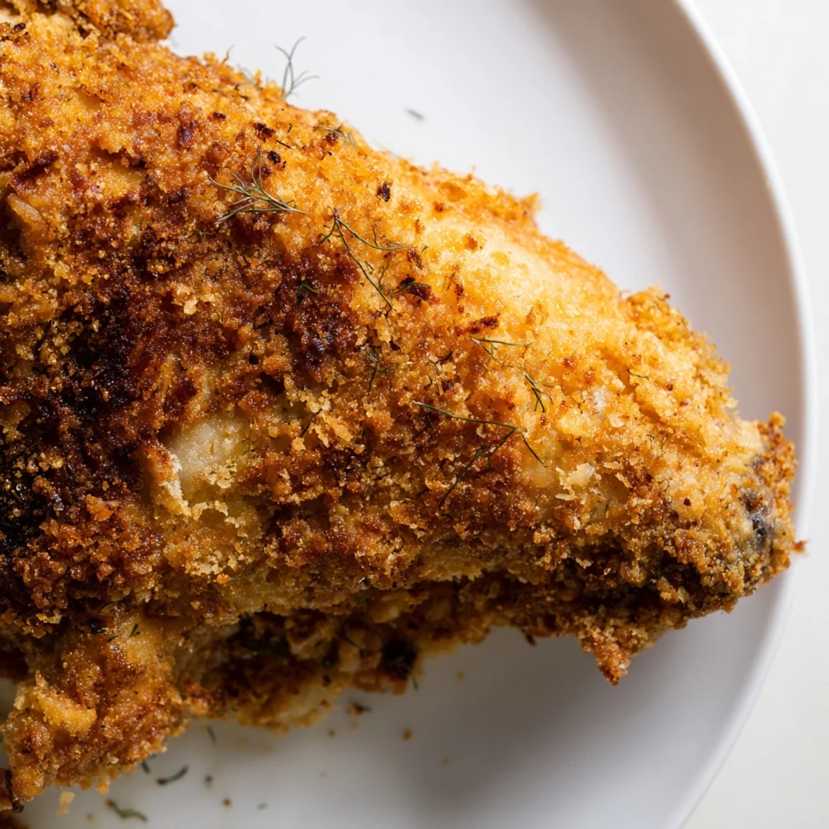 Golden fried crispy dill pickle chicken resting on a wire rack with fresh dill garnish