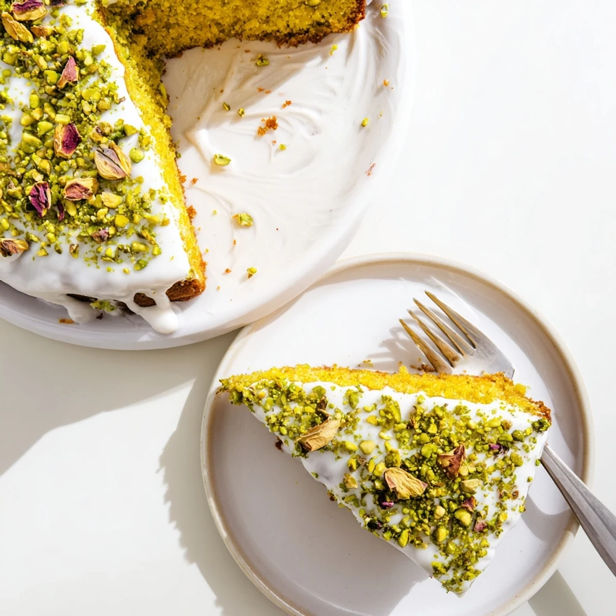 Golden Persian Love Cake with rosewater icing and crushed pistachios sprinkled on top