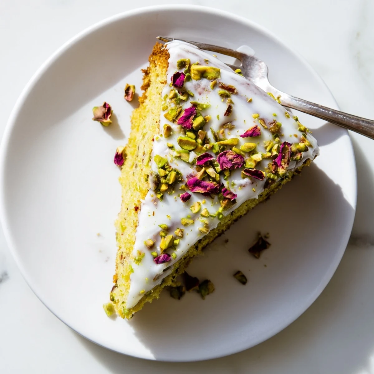 Slice of fragrant Persian Love Cake topped with rosewater frosting and colorful pistachios