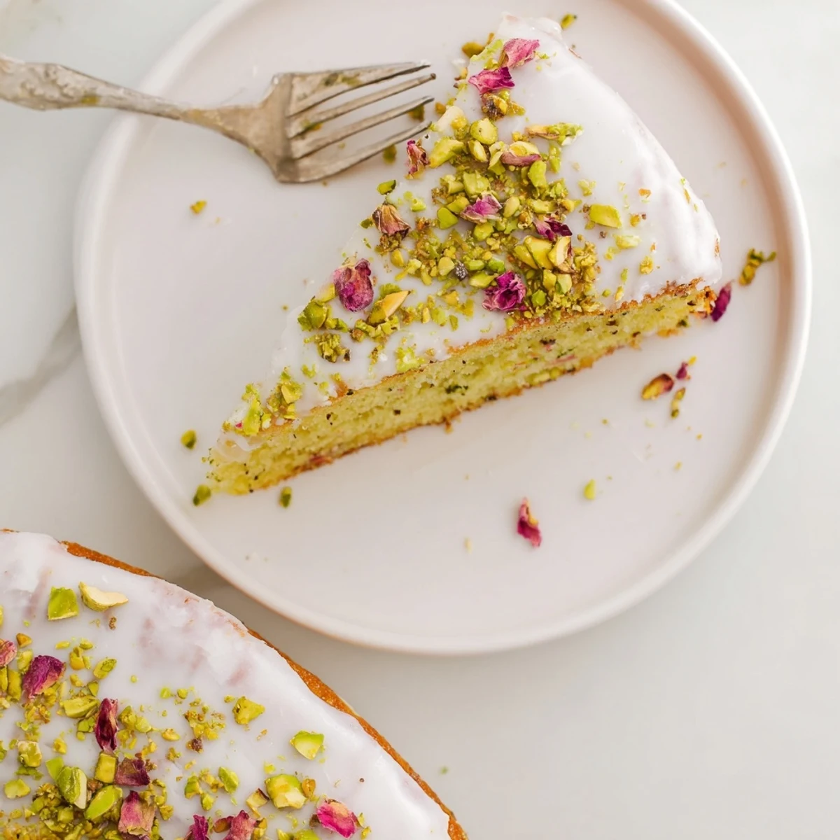 Moist almond cardamom Persian Love Cake drizzled with white glaze and green nut garnish