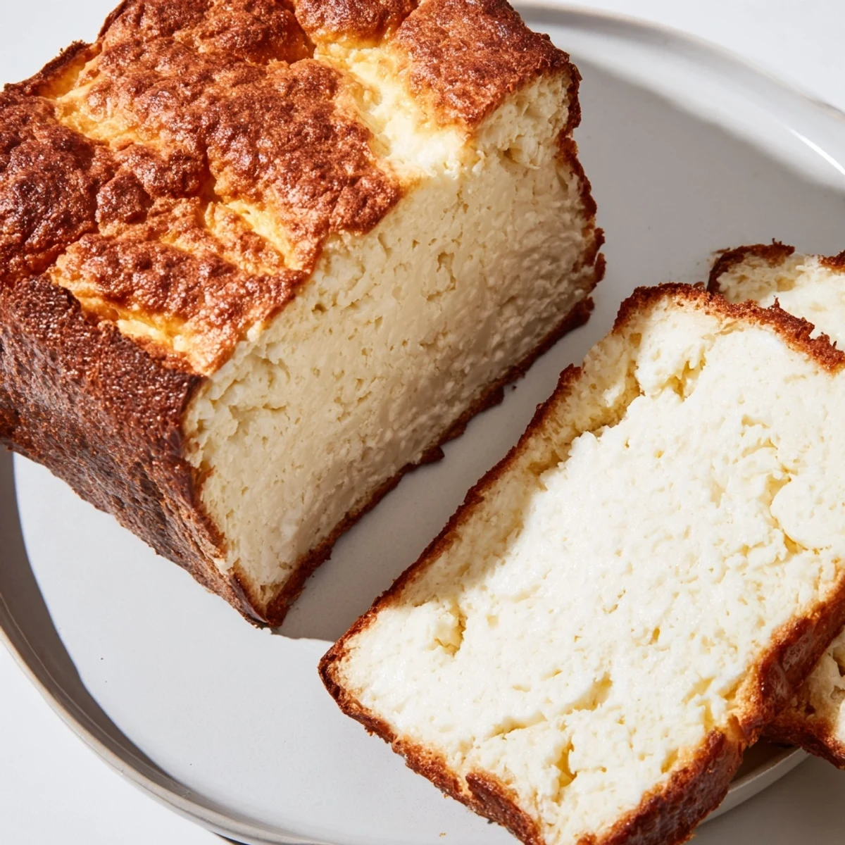 Freshly baked cottage cheese loaf bread cooling on wire rack with soft interior texture visible